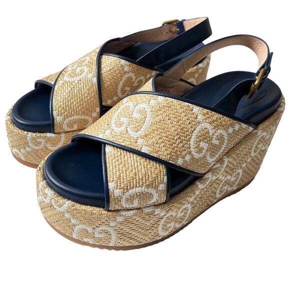 New Gucci Authentic Raffia Nappa GG Monogram Platform 703791 Sz 39 Rubber Soles - Picture 8 of 15